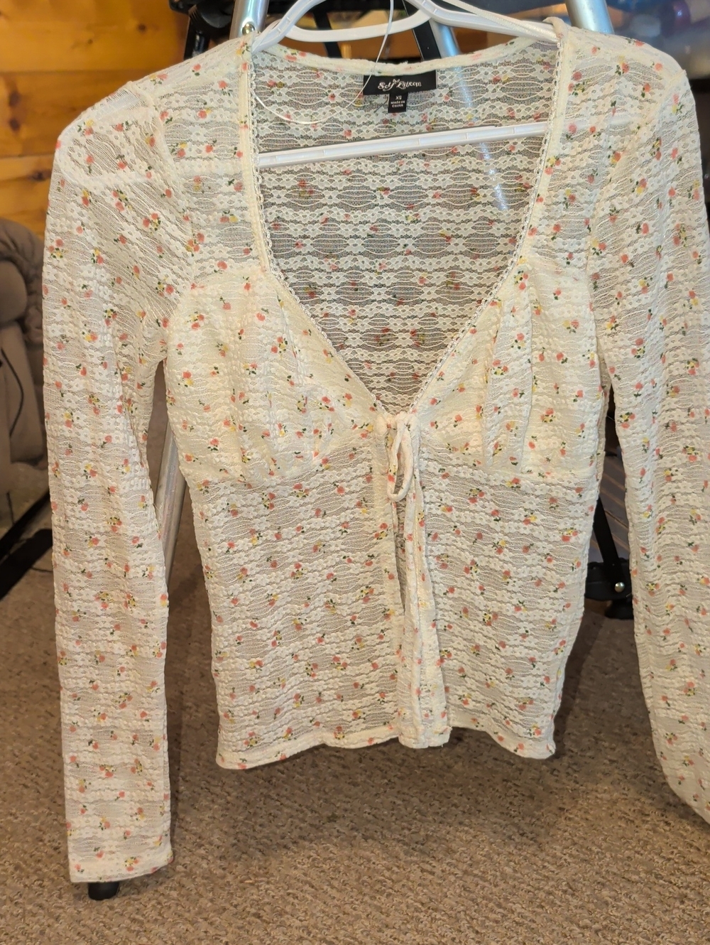 Self Esteem Cream Floral Lace Tie-Front See Through Mesh StretchTop